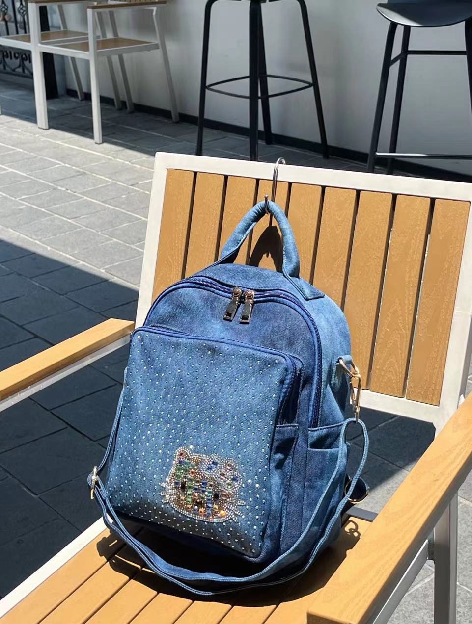 Hot Diamond Backpack Fashion Women S Cartoon Diamond-Encrusted Denim Bag Backpack Multifunctional Women S Bag темно-синий