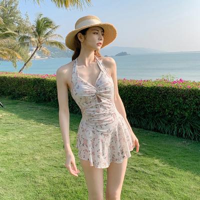 Ladies Fashion One Piece Halter Backless Swimsuit Fresh and Pure Floral Printed Tummy Control Monokini Hot Spring Swimwear Women Modest Bathing Suit