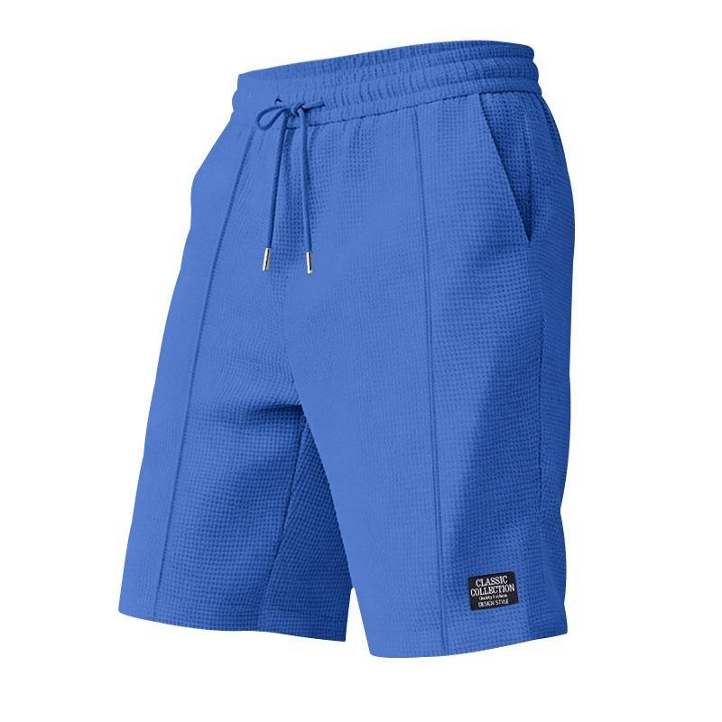 Men Casual Waffle Drawstring Elastic Waist Loose Beach Knee Length Shorts