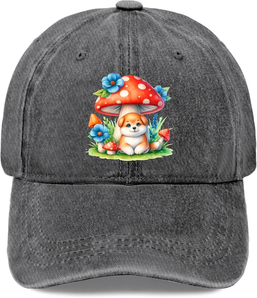 Cute Puppy and Mushroom Watercolor Print Washed Baseball Cap Adjustable Casual Sun Protection Adult Hat