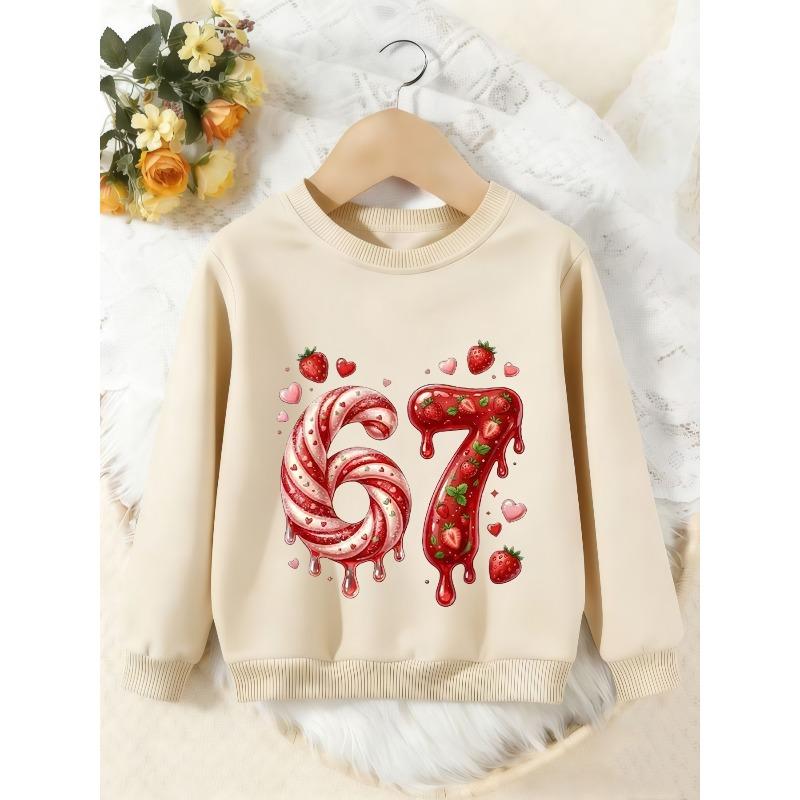 Unisex Kids Crewneck Sweatshirt, Candy Strawberry Number 67 Heart Print Pullover, Boys Girls Cute Birthday Sweatshirt For Kids Over 4 Years Old
