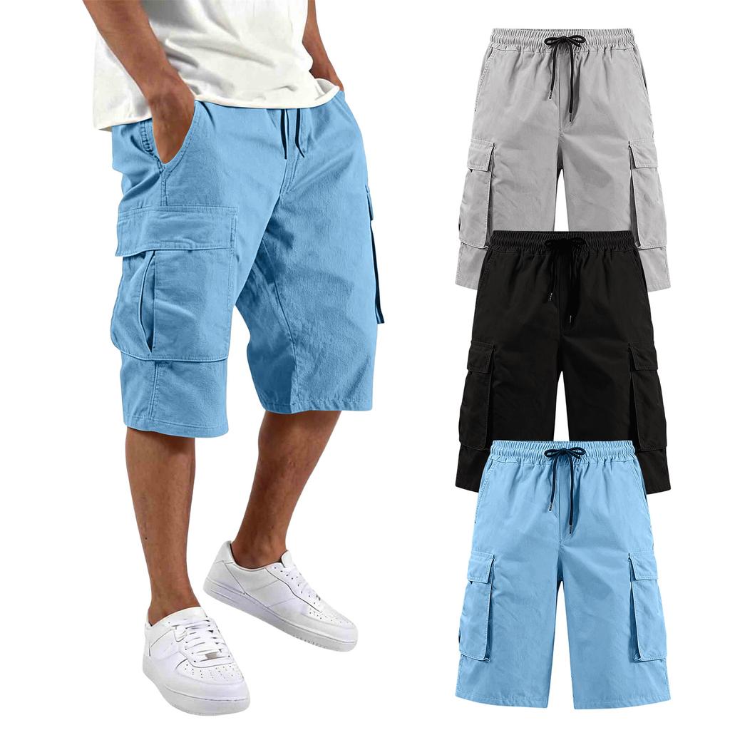 Mens Cargo Shorts 3 Pack Multi Pocket Drawstring Waist Relaxed Fit Knee Length Workwear Shorts for Daily Wear