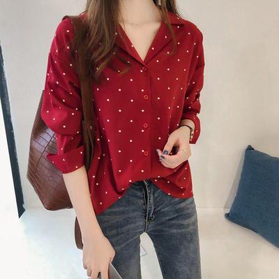 Camisa Feminina Plus Size de Chiffon com Bolinhas e Manga Longa - Estilo Hong Kong e Coreano