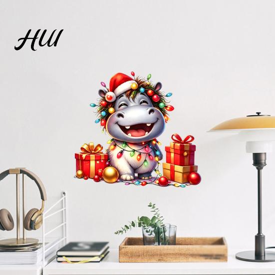 Hippo Wall Decals for Christmas Cartoon Decal, Cute Sticker with Colorful Lights & Holiday Glass Stickers Decor Xmas Balls, Waterproof Mural
