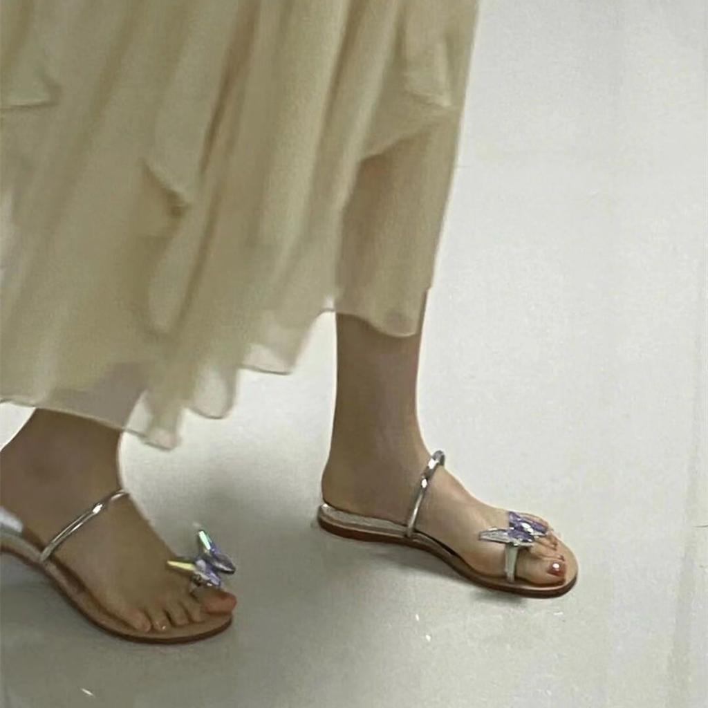 Flat-bottomed Rhinestone Butterfly Cool Slippers Women's Shoes 2025 New Summer Fairy Wind French Niche Design Sandals