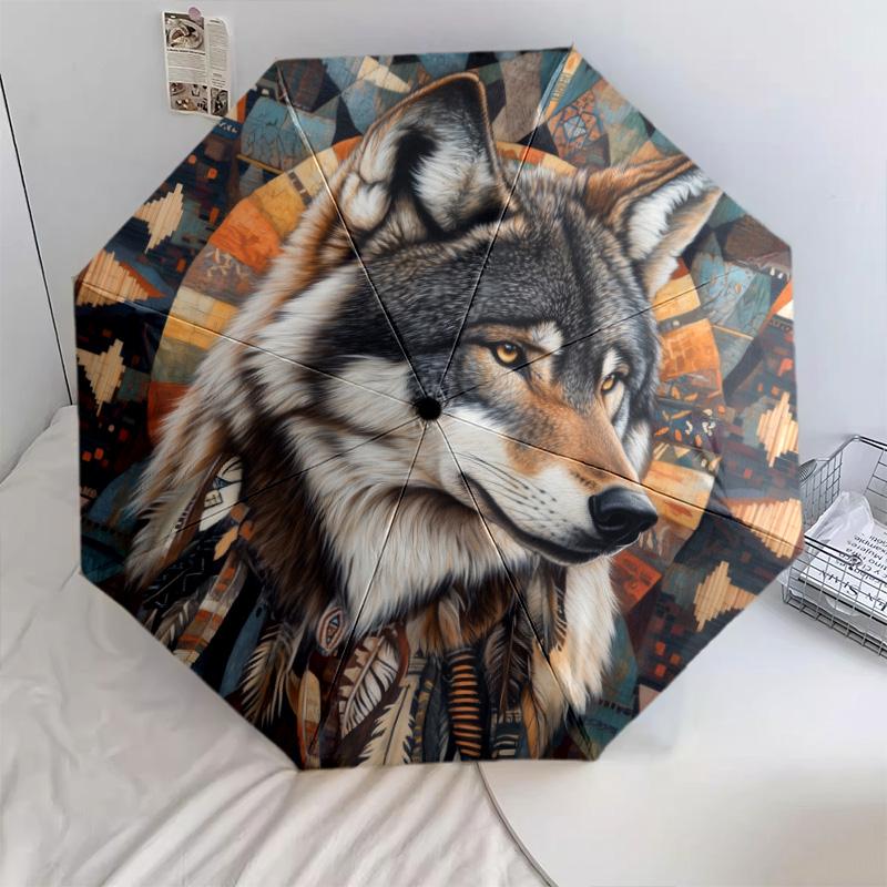Indian - Style Wolf Pattern, Automatic Folding Umbrella, Portable and Foldable Design, 8 Ribs, a Christmas or Birthday Gift.