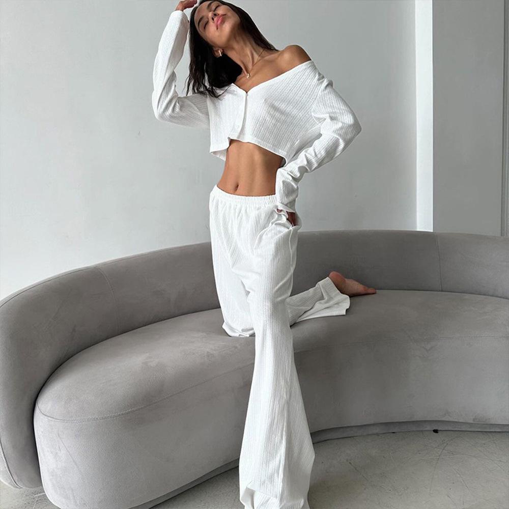 European & American 2025 Autumn Jacquard Knit Cardigan Pajama Set - Soft Hollow Cross-Stitch Homewear for Women