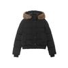 Womens Short Puffer Coat With Faux Fur Trim Hooded Winter Jacket Solid Color Streetwear Style