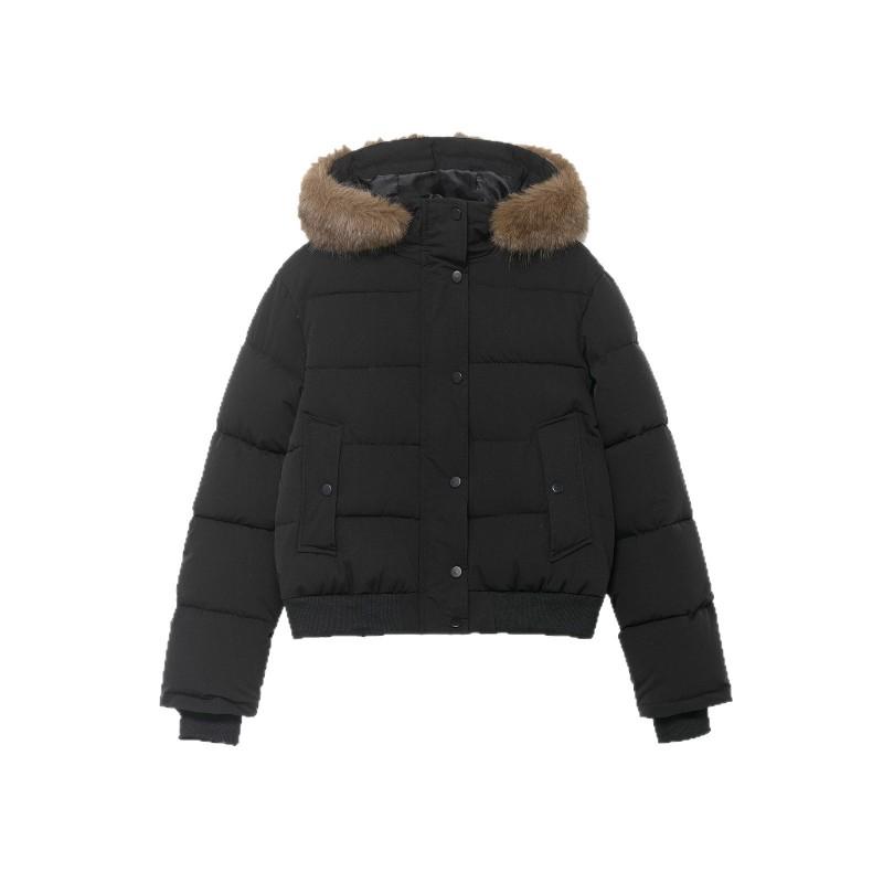 Womens Short Puffer Coat With Faux Fur Trim Hooded Winter Jacket Solid Color Streetwear Style