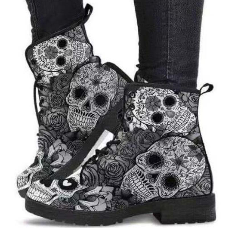 Large Size British Fashion Tooling Boots Large Size Retro Printed Women's High Top Cartoon Pattern Martin Boots