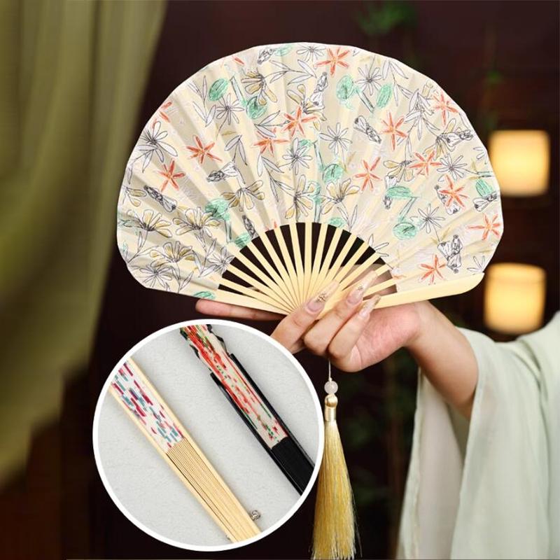 Vintage Shell-Shaped Folding Fan Portable Retro Cotton-Linen Chinese Style Hand Fold Fans Cheongsam Catwalk Dance Props Gifts