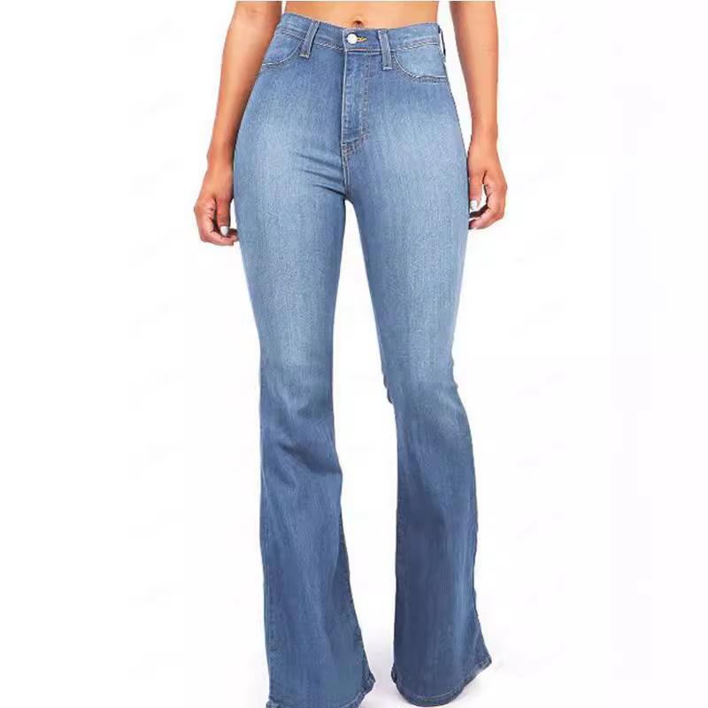 Women Bell Bottom Jeans Elastic Waist Ripped Flared Jean Destroyed Raw Hem Denim Pants