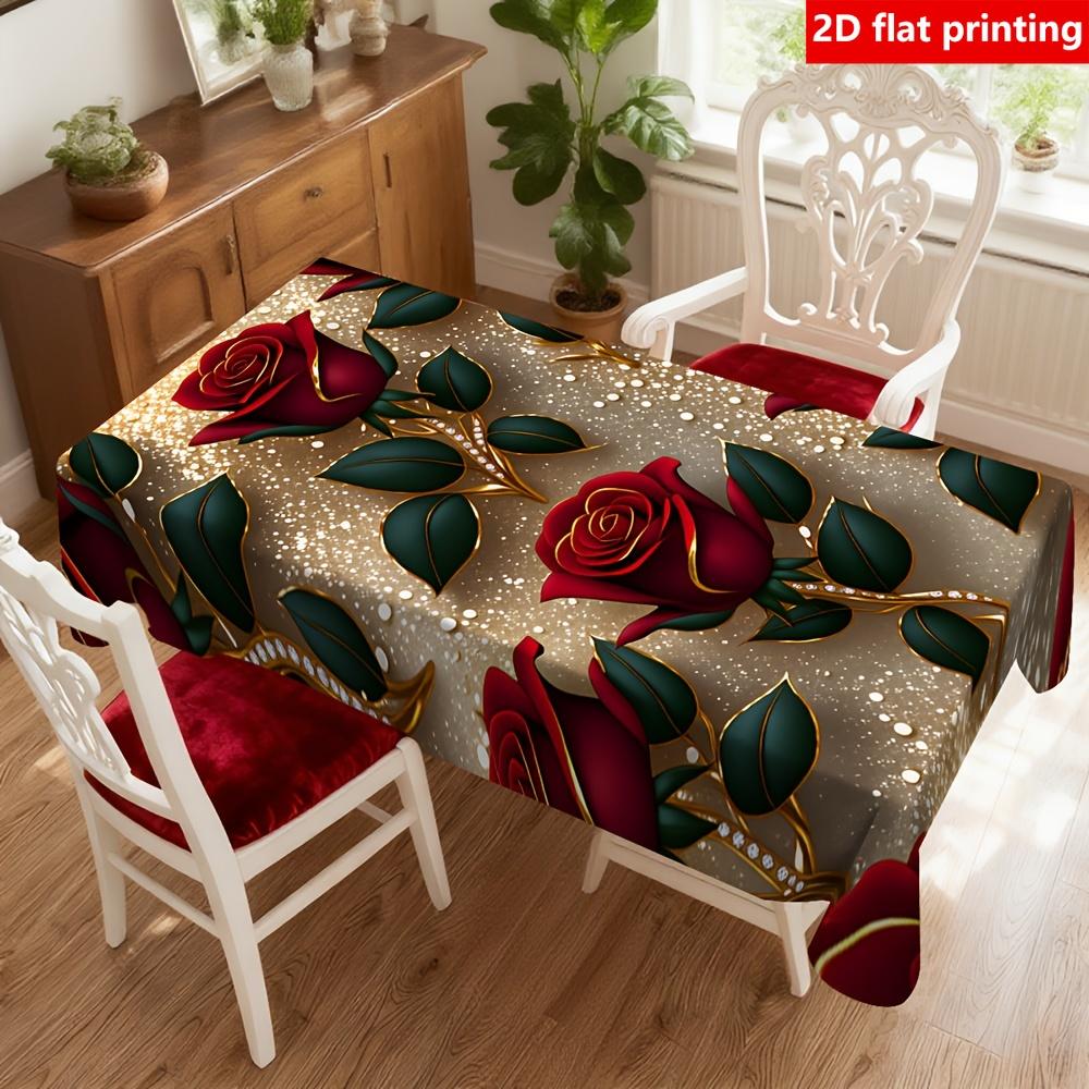 Luxurious Gold Design Red Rose Pattern 2D Flat Print Tablecloth Single Piece