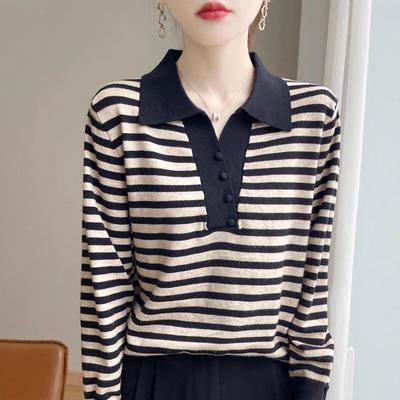 Herbst Damenmode Revers Gestreifte Kurze Vielseitige Bottoming Strickwaren