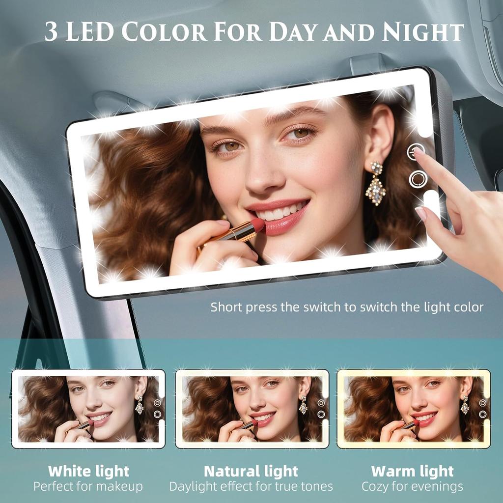 Car Sun Visor Vanity Mirror,Rechargeable Led Dimmable Makeup Mirror,With 10X And 30X Magnification,3 Light Modes
