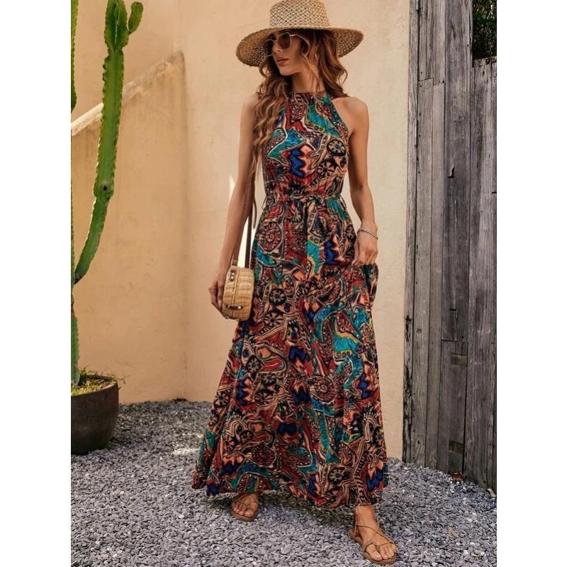 Jarní léto dámské šaty s potiskem Vintage bohémské šaty s visícím krkem Šaty bez rukávů