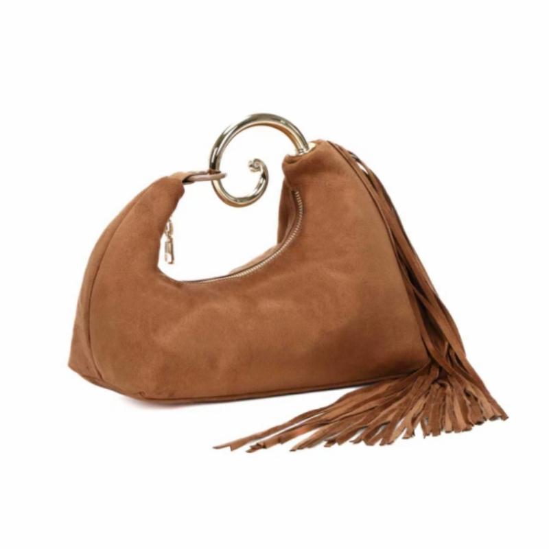 

Luxury Tassel Banquet Bag Fashion And Elegant Women s Crescent Bag Creative Metal Handle Handbag High-end Matte Zipper Wallet 28x12x15cm коричневый