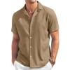 Men's Fashion Collar Solid Color Short Sleeved Cotton Linen Shirt Button Casual Shirt Top