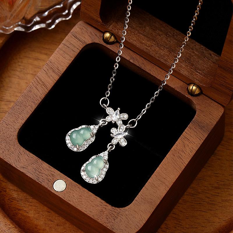 Butterfly Sterling Silver S925 Necklace Women s Double Gourd New Chinese Cold and Dangerous Material Blue Water Jade Clavicle Chain 925 silver