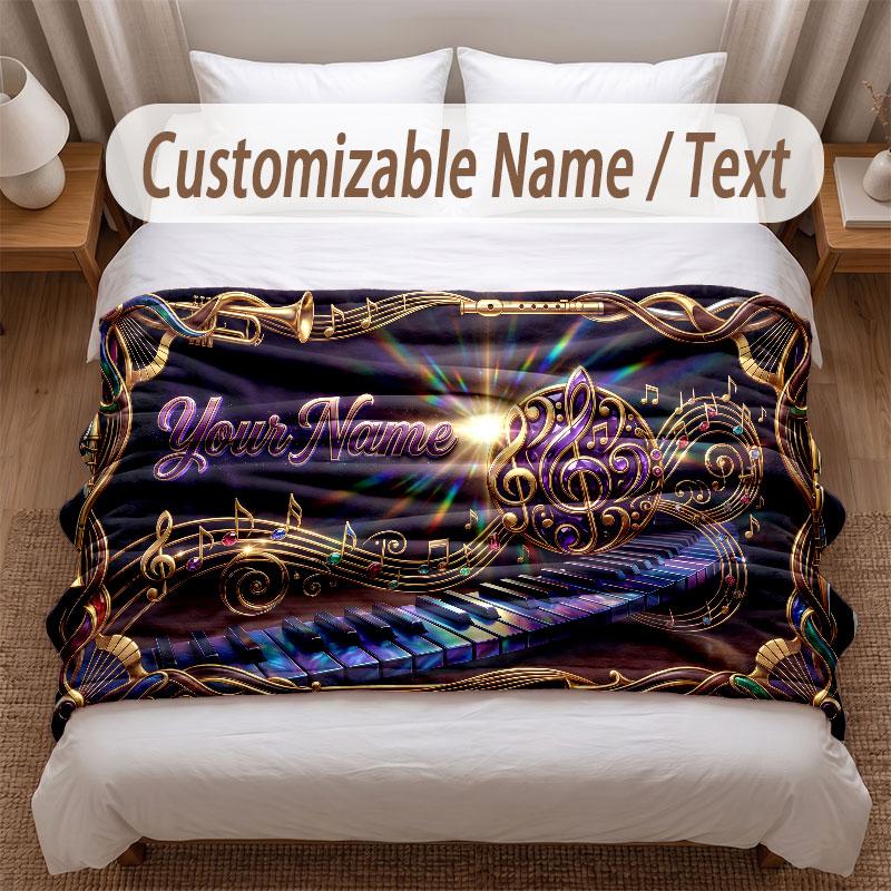 Music Theme Soft Blanket Personalized Custom Name Text Print Warm Blanket Home Sofa Bedroom Decor