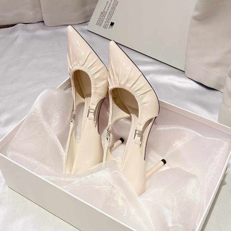 Fashion 2025 New Sexy Women Kitten Heels Pumps Shoes Slingbacks Sandals Leather Pointed Toe Pleated Simple Shoe Office Black Red