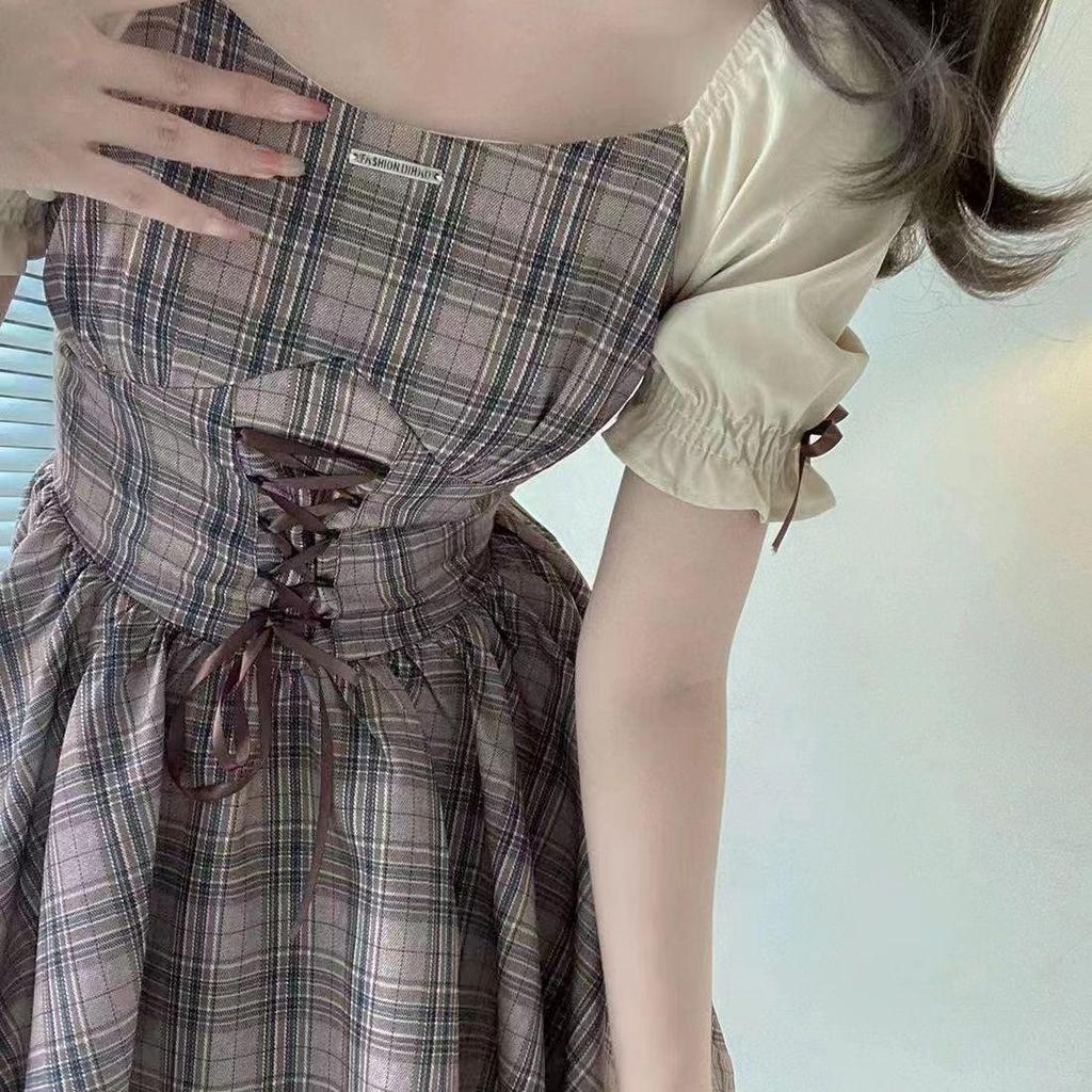 Women's Fresh Plaid Square Neck Waist-Hugging Summer Dress with Lace-Up Short Skirt and Sweet Academy Style