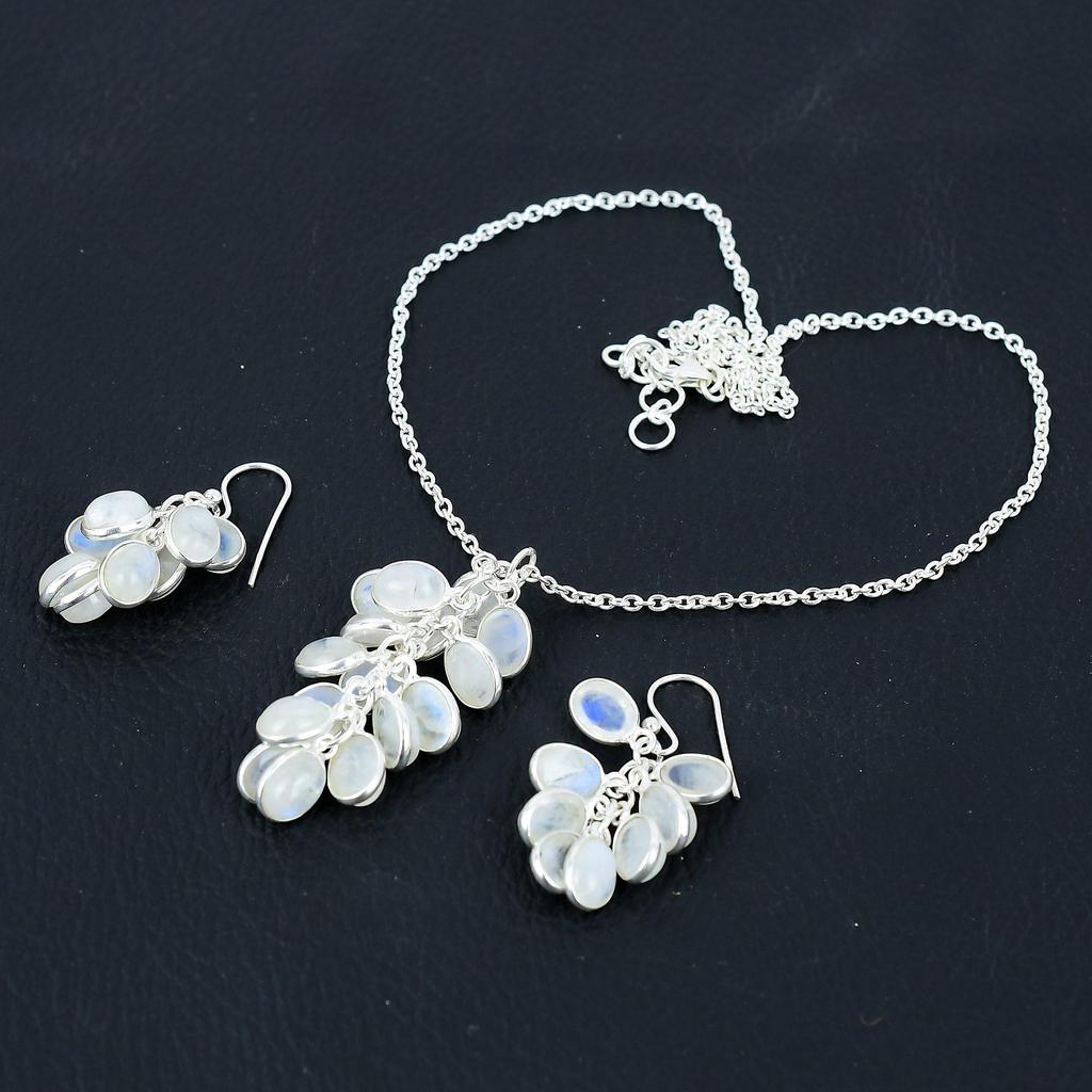 Natürliches Regenbogen Mondstein Halskette Ohrringe Set, 925 Sterling Silber, handgefertigte Tropfen Ohrringe, Halskette Set Geschenk zum Valentinstag