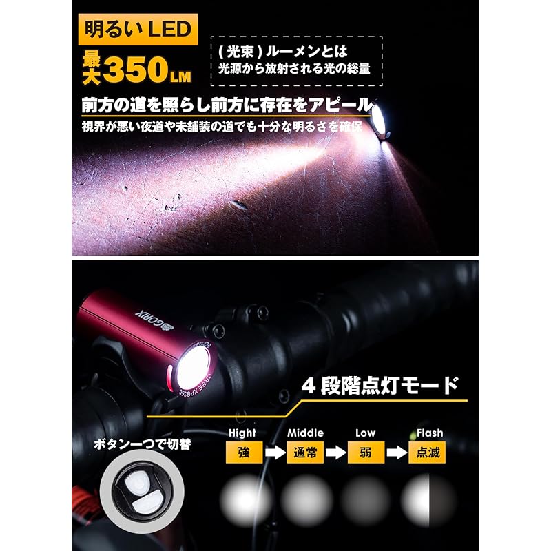 GORIX (Gorix) Bicycle Light, USB Rechargeable, Waterproof, Bright LED Light (GX-FL1579) (Black)