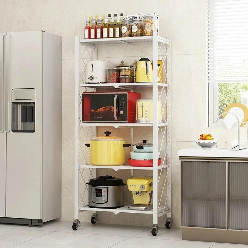 Foldable Metal Storage Rack Multifunctional Living Room Shelf Multilayer Installation Free Kitchen Organizer Trolley Bookshelf