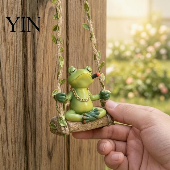 Small Hanging Figurine for Trees Swing Frog Garden Statue, Resin Meditating Ornament, Waterproof Outdoor Cute Decor Yard, Patio, Balcony, Porch,