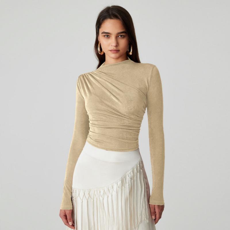 Autumn and Winter Slim Pullover Half High Neck Velvet Pleated Long Sleeve Top