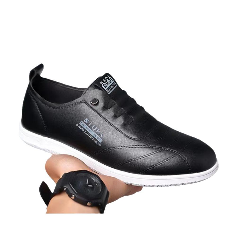 Spring and Summer Men's Leather Shoes Low Top Soft Sole Breathable Men's Shoes Trendy Lace-up Flat-soled Casual White Shoes