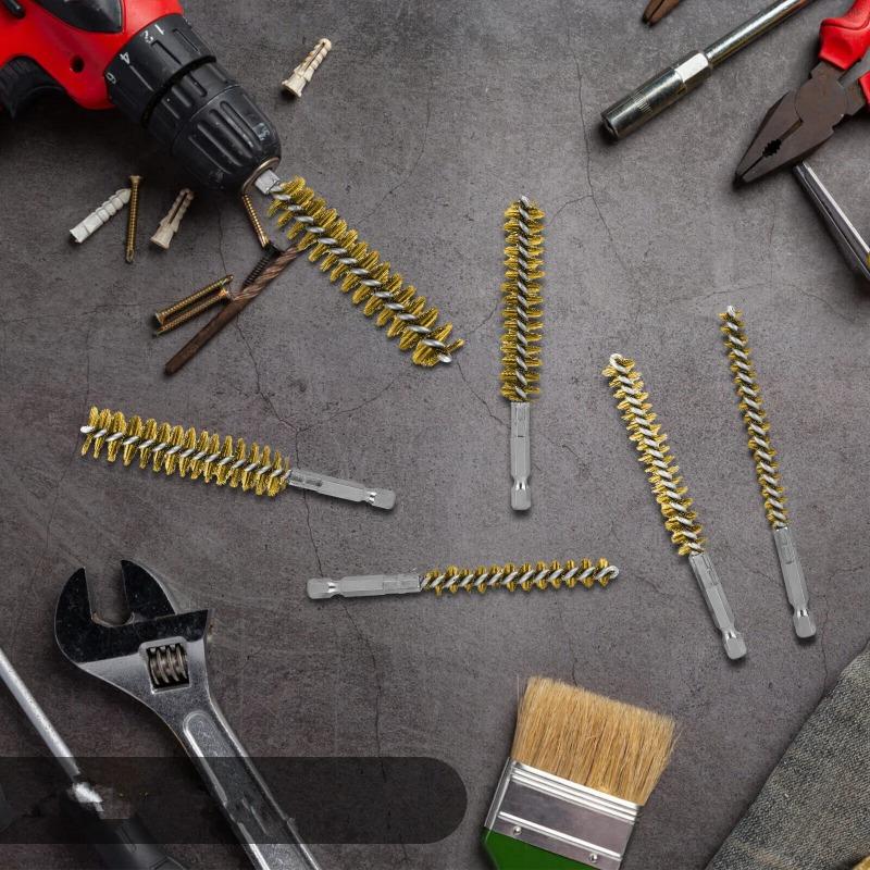 6Pc Bore Wire Brush Twisted 1/4 Inch Hex Shank Brass Bore Cleaning Wire Brushes 8-19mm for Power Drill Impact Driver Accessories.