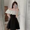 Large size French celebrity one-word collar off-the-shoulder dress for women's summer new ruffle edge waist small black dress short skirt