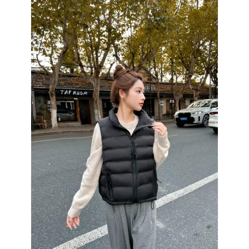 

New down cotton clothes vest women s short light and thin stand-up collar vest thermal vest jacket M чёрный