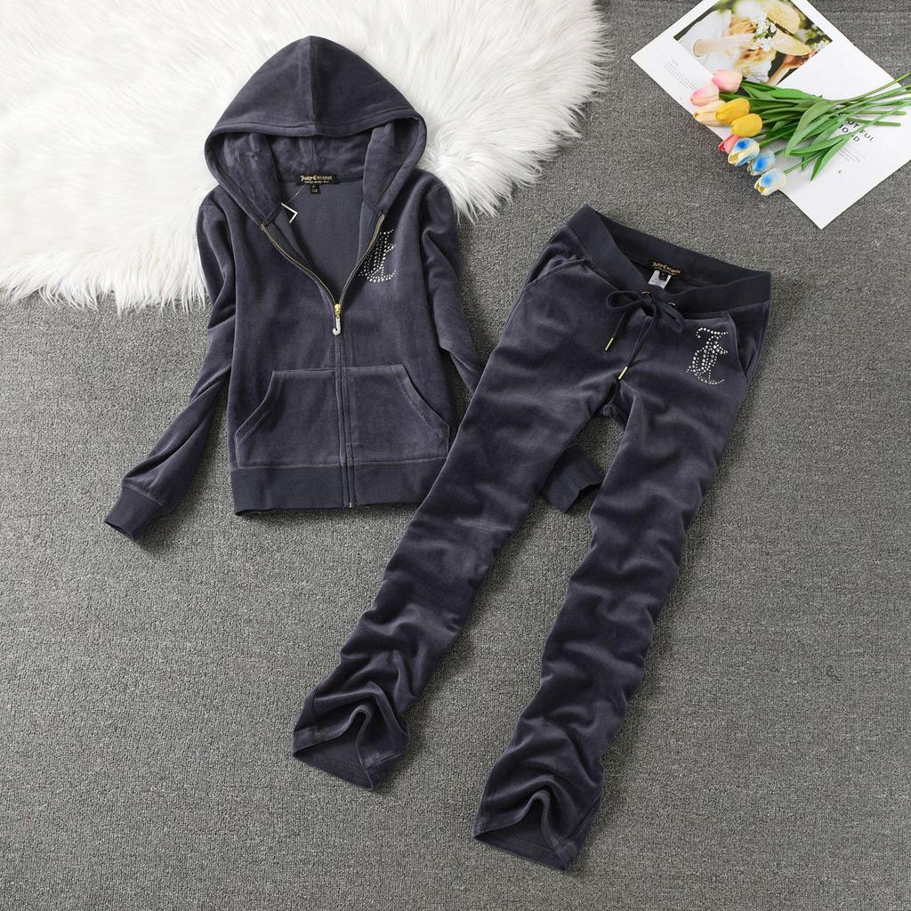 Velvet Sportswomen's Fashionable Hooded Cardigan & Wide-Leg Pants Slim-Fit Two-Piece Set.
