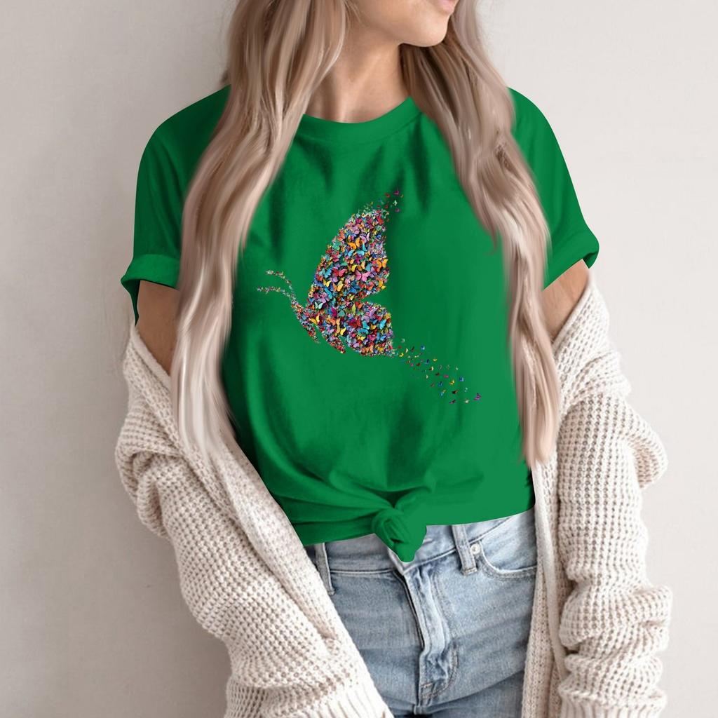 Women's Fashion Casual Printed Round Neck Short Sleeved Pullover T-Shirt Top