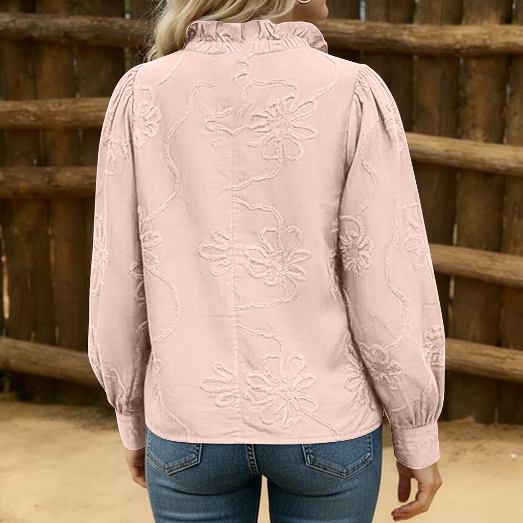 Long Sleeve Button Down Shirt for Women with Floral Embroidery Loose Fit Blouse Casual Collar Top for Daily Wear