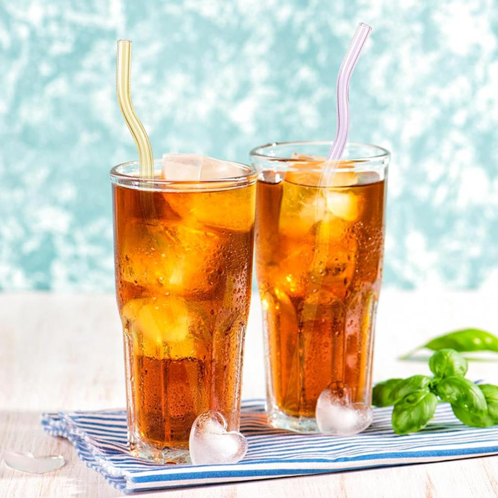 10 Pcs Reble Wavy Colorful Glass Straws,9''x8 Mm Shatter Resistant Cute Drinking Straws with 2 Cleaner Brush for Beverages,Coffee,Juice,Cocktail,Teas