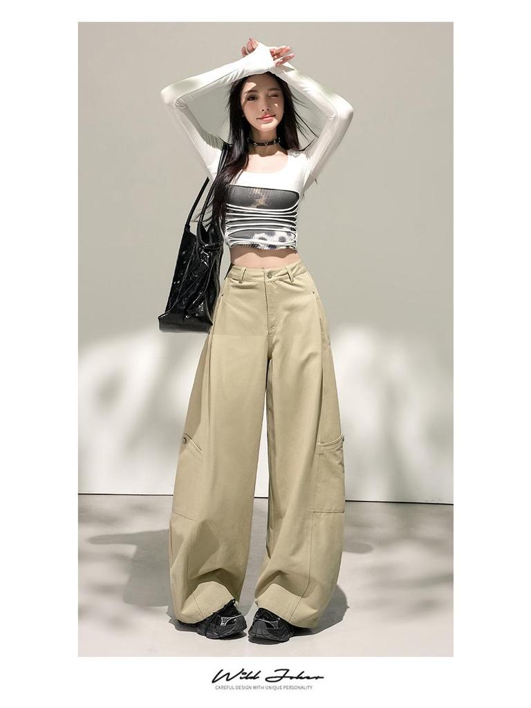 2026 Spring Women's High-Waisted Slimming Cargo Trousers - Loose Wide-Leg Style