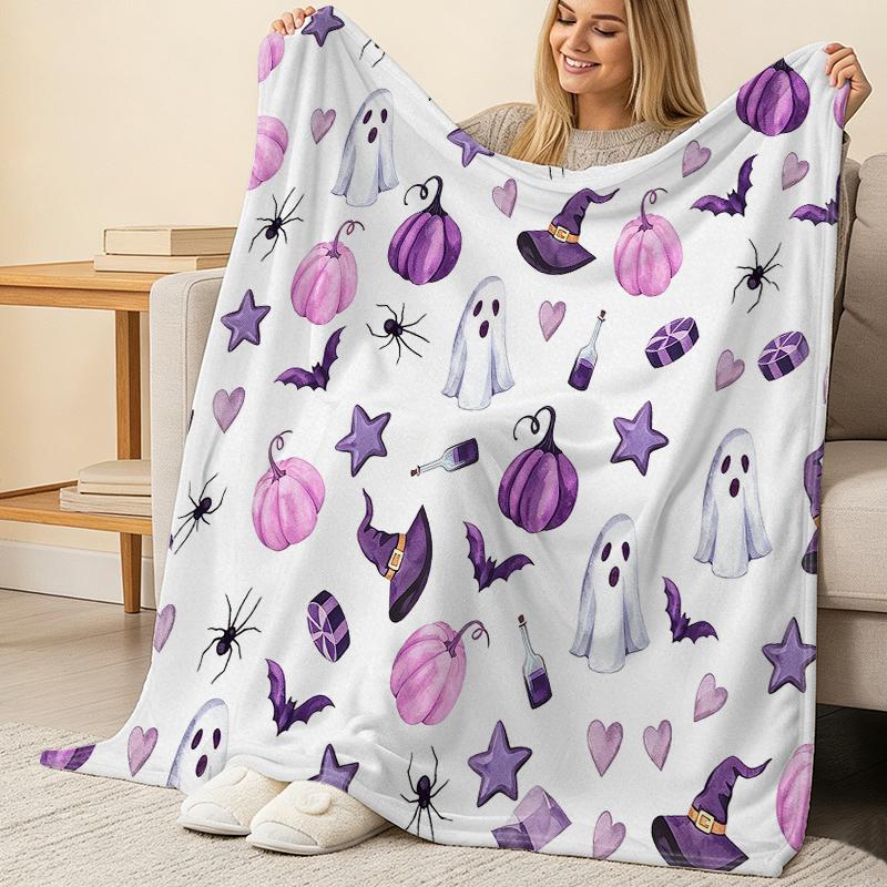 Halloween Ghost Pumpkin Fleece Blanket Soft, Warm, Breathable Plush Throw for Sofa, Bed, Living Room, Home Holiday Decor