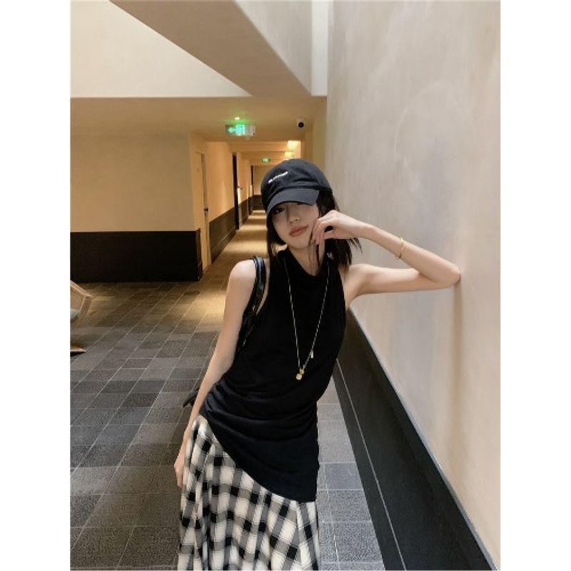 Kumikumi Design Sense Stand Collar Solid Vest Top Women Summer Slimming Plaid Skirt Long Dress