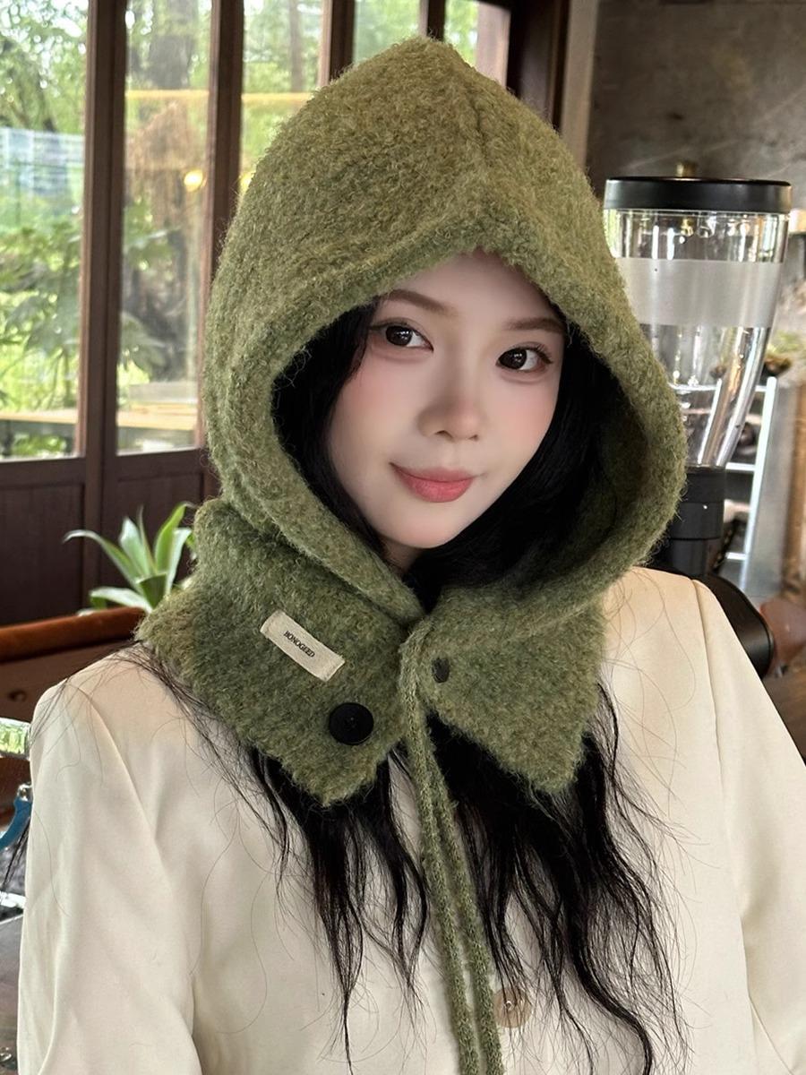 

Женская корейская шерстяная балаклава: Ветрозащитная, теплая вязаная шапка с ушами для осени и зимы One Size