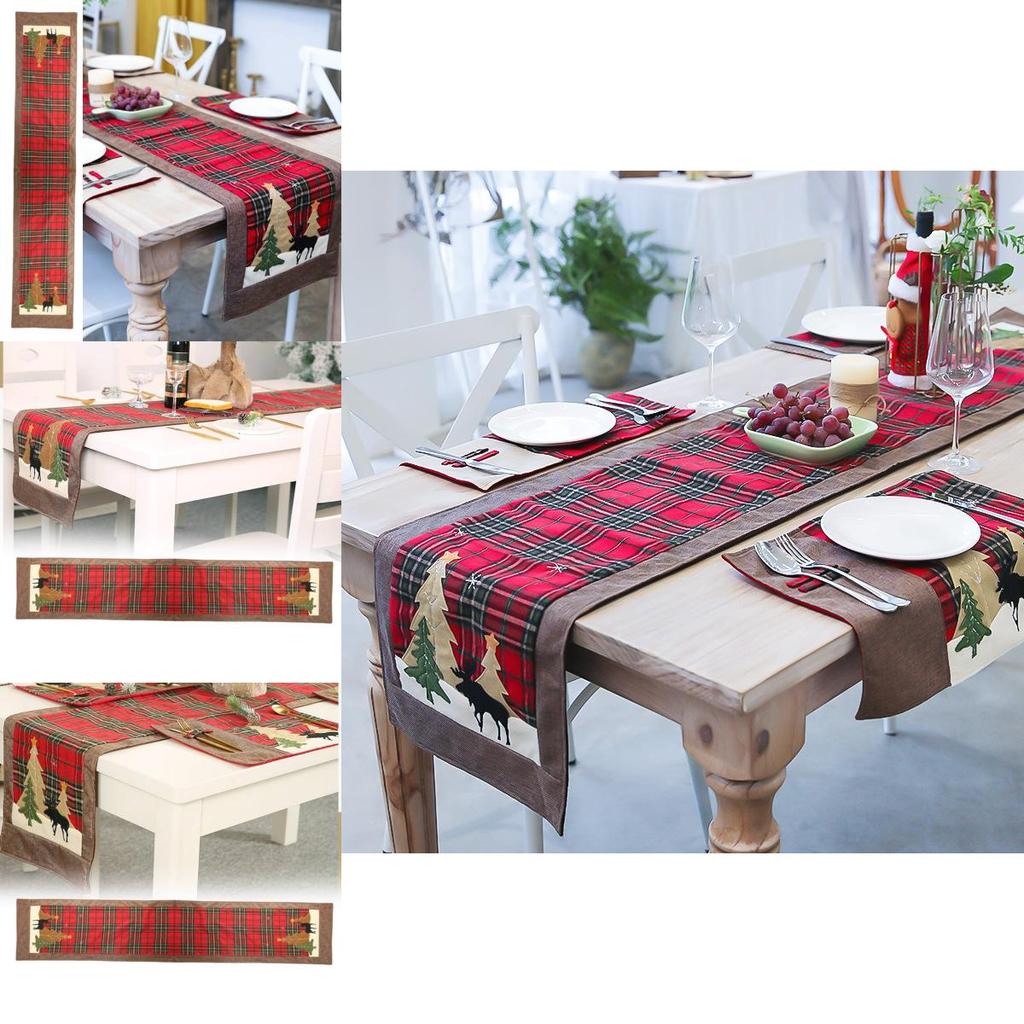Charming Christmas Table Flag Stylish Plaid Fabric Embroidered Table Decor For Holiday Gatherings