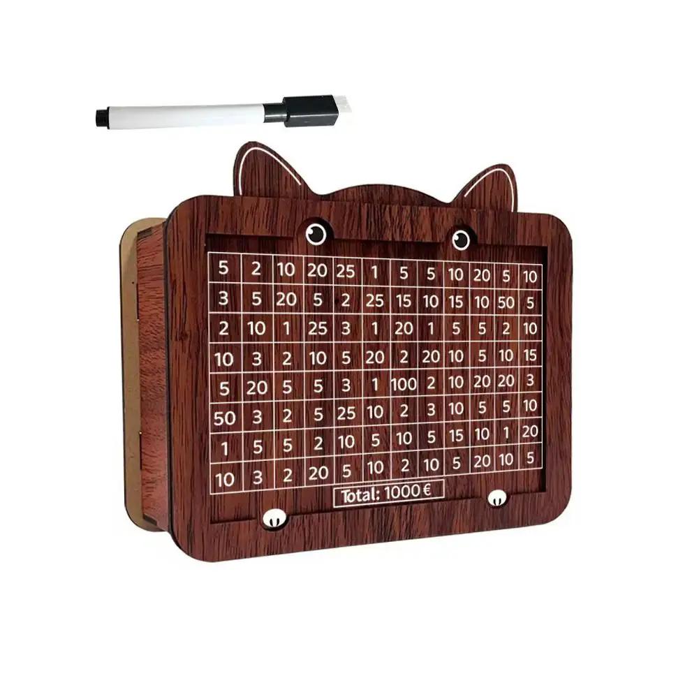 Wooden Kitten Bank Money Box 1000/2000/3000/5000/10000 Euro Erasable Savings With Cash Challenge Storage Pen Case U5O8