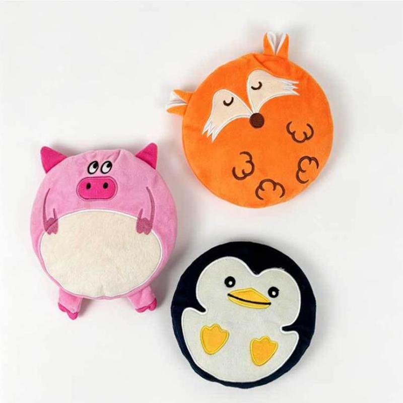 Cute Cartoon Plush Dog Flying Disc Squeaky Chew Toy Soft Safe Teething Outdoor Training Interactive Toy for Small Medium Dogs