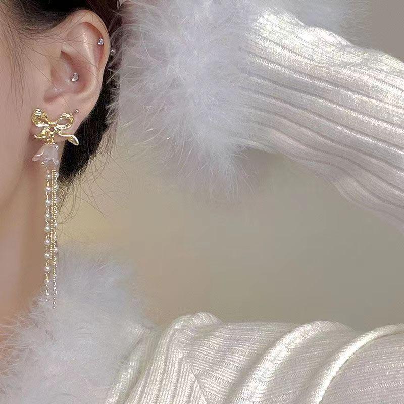 2023 Trendy French Purple Campanula Bow Pearl Stud Earrings - Retro High-End Ear Accessories
