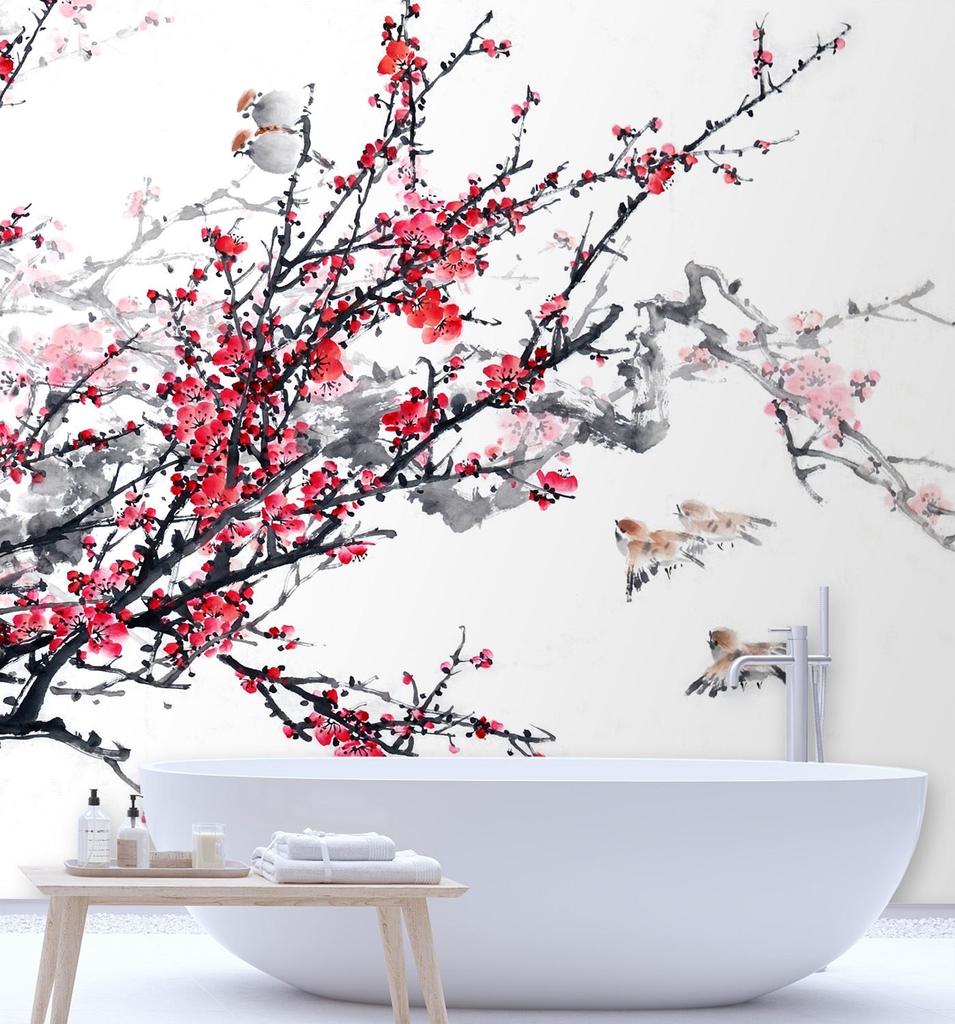Wallpaper Birds on a branch cherry blossom