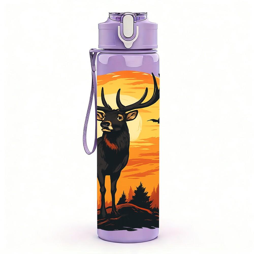 1PC Sunset Elk Pattern 750ml Color Plastic Sports Water Bottle Leakproof Flip Straw Lid Suitable for Sports Office Home Use