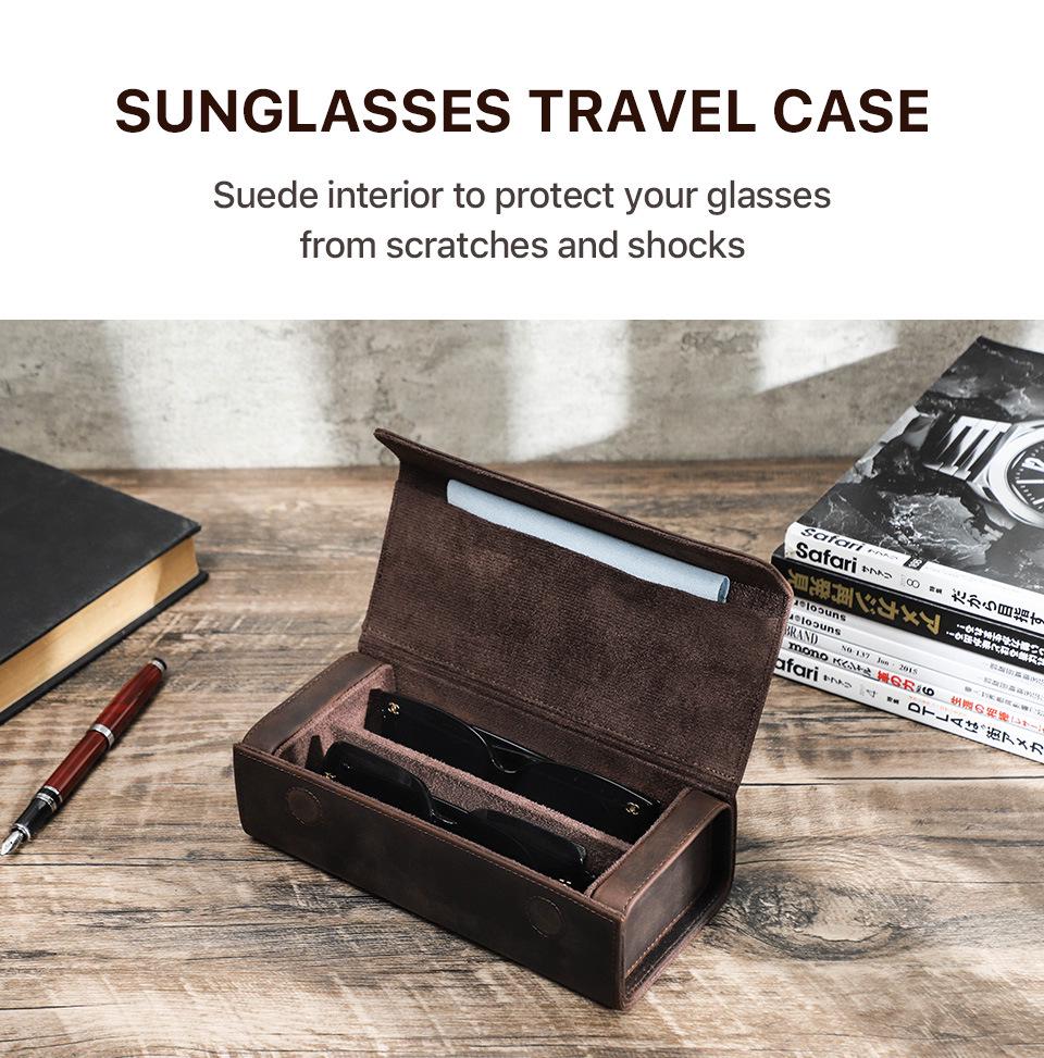Estuche de Cuero Vintage Crazy Horse para Gafas - Hecho a Mano, Cierre Magnético a Presión, Almacenamiento para Viaje, Juego de 2